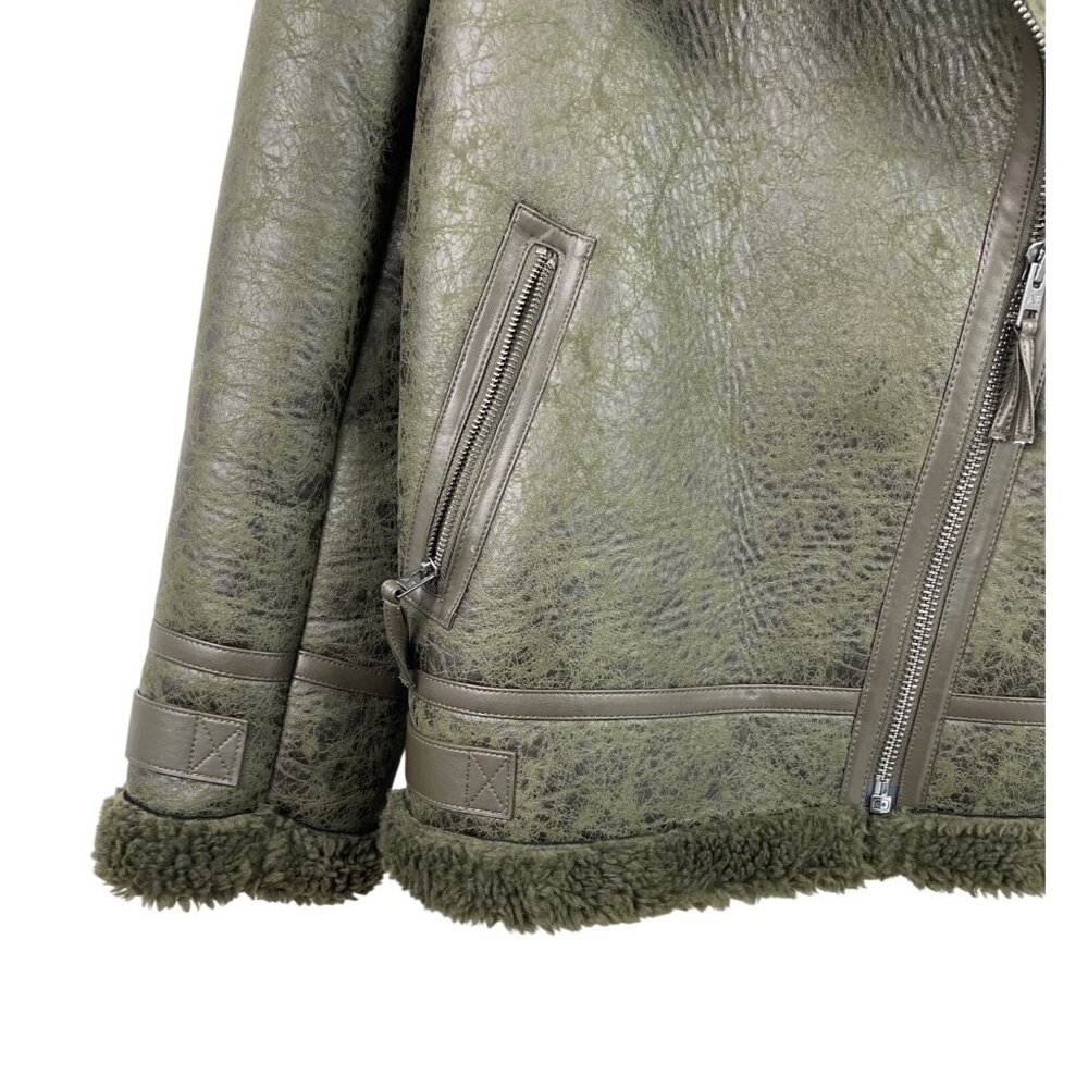 American Eagle Womens Olive Green Oversized Shearling Biker Jacket Size MEDIUM - Picture 5 of 10